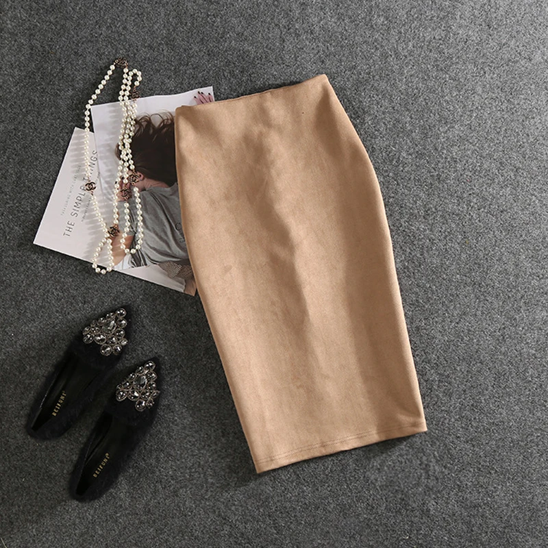 

Simple Solid Suede Pencil Skirts Women Sexy Bodycon Knee Length Stretch Wrap Hips Skirts High Waist Office Lady OL Skirt