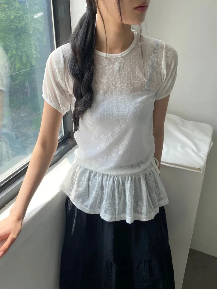 

Cute Y2K Japanese Sle Top with Skirt Hem Lace ort Sve Dstring Soft Material round Neline Color Commute Sle