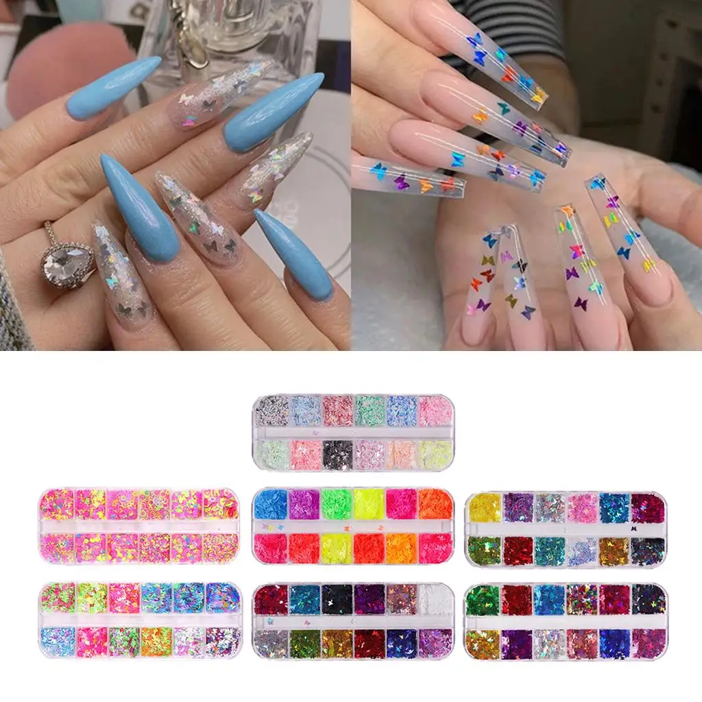 12 Colors Butterfly Nail Glitter Sequins Fluorescent Acrylic Spangles for Women Holiday Nail Art Designs