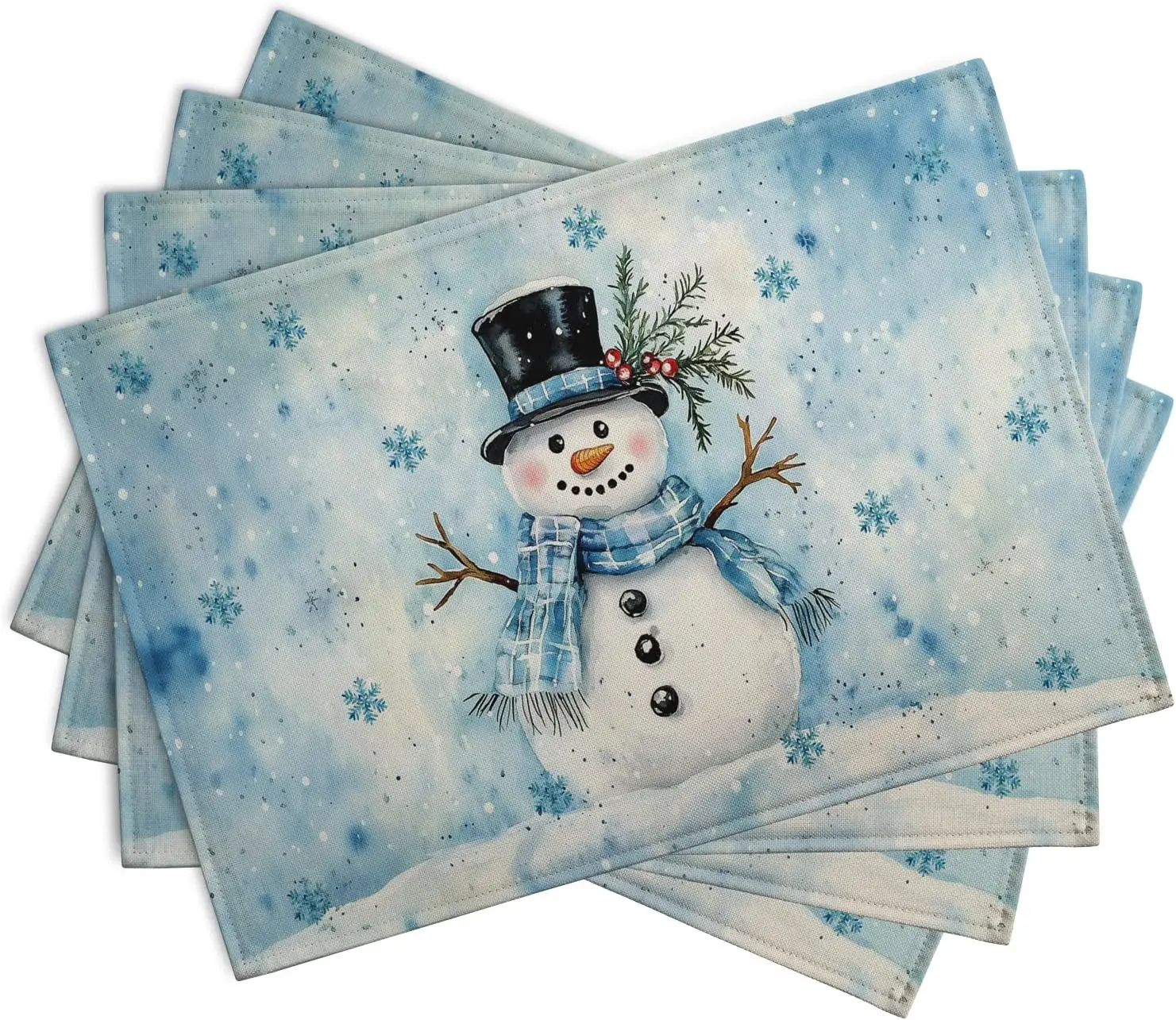 Blue Snowman Snowflake Winter Placemats Set of 4 Seasonal Christmas Linen Table Mats 12x18 Inch Xmas Holiday Snow Farmhouse