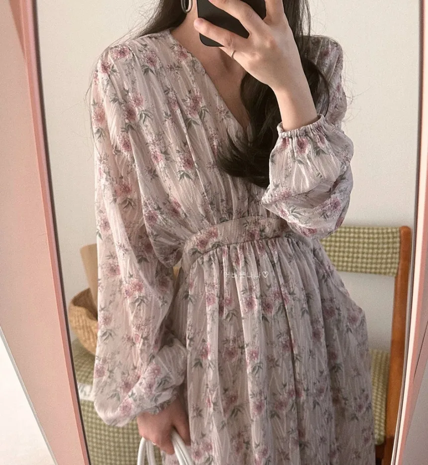 

3Colors French Elegant Floral Printed Dress Women's Spring 2026 New Long Sleeve Pleated Long Dresses female (JL3600)