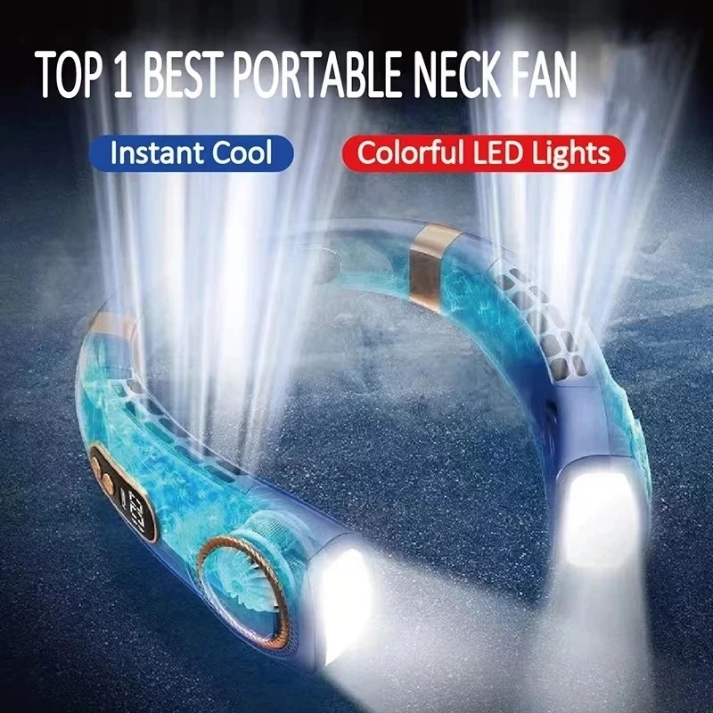 2024New Portable Bladeless Hanging Neck Fan,LED Digital Power Supply, Ice Ceramic Induction Cooling, Colorful Atmosphere Light