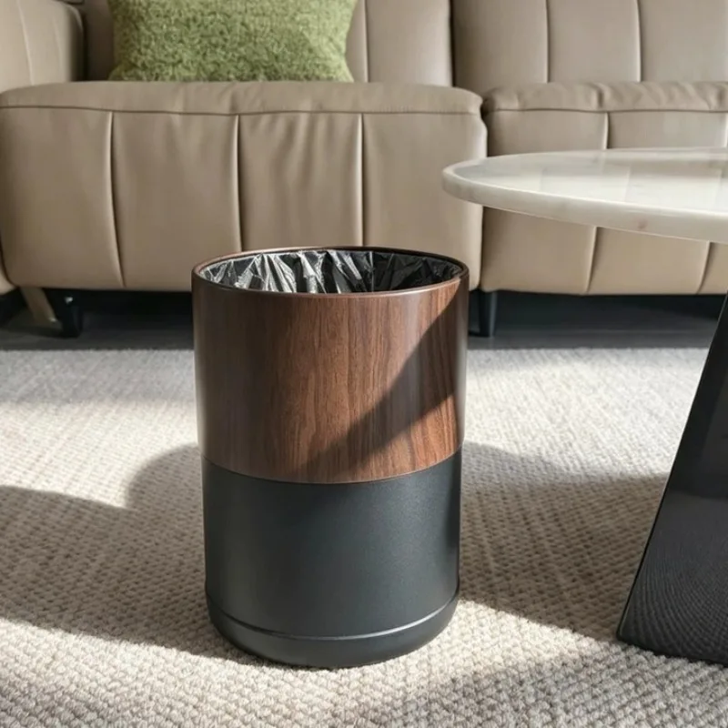 Black Walnut Wood Grain Trash Can, Luxury Living Room Waste Bin, High-End Decorative Paper Basket, Vintage Chinese Style Bin