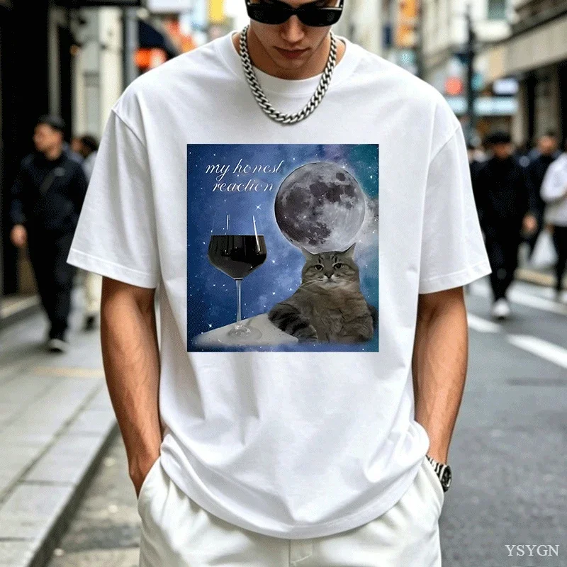 Funny Wine Cat Meme Silly T Shirts Men Women Printing Oversize T Shirt Causal Short Sleeve Loose Basic Tee Round Neck Tops