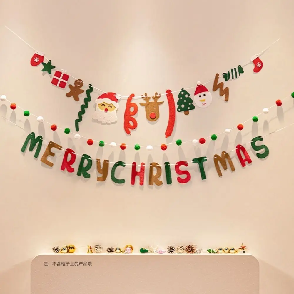 Festive Lights Felt Christmas Banner Decorated DIY Handmade Christmas Pendant Furry Balls LED String Light Christmas Party