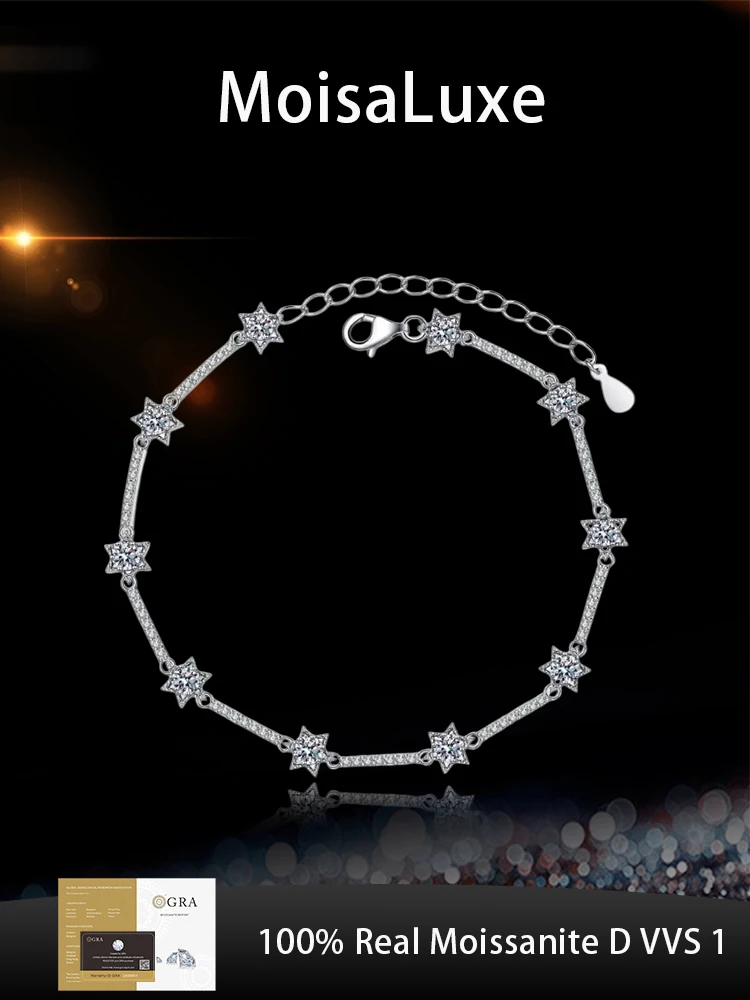 

Официальный магазин MoisaLuxe GRA Moissanite Plata, стерлинговое серебро 925, браслеты с геометрическим звездным элементом для женщин, модные украшения