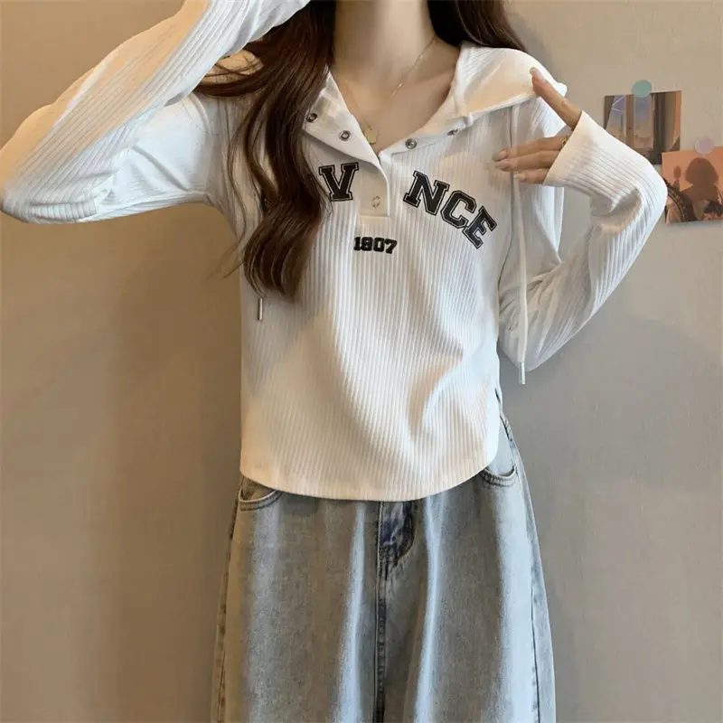 Fashion Long Sleeve Printed Letter Button Hooded T-Shirts Female Clothing 2024 Autumn New Loose Korean Tops Casual Tee Shirt