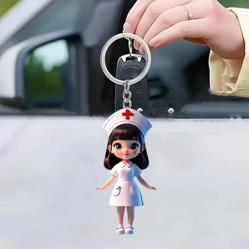 Cartoon Nurse Doctor Acrylic Keychain 2D Flat Figurine Pendant Portable Key Ring For Backpack Bag Gift For Worker Couple Supply view 3