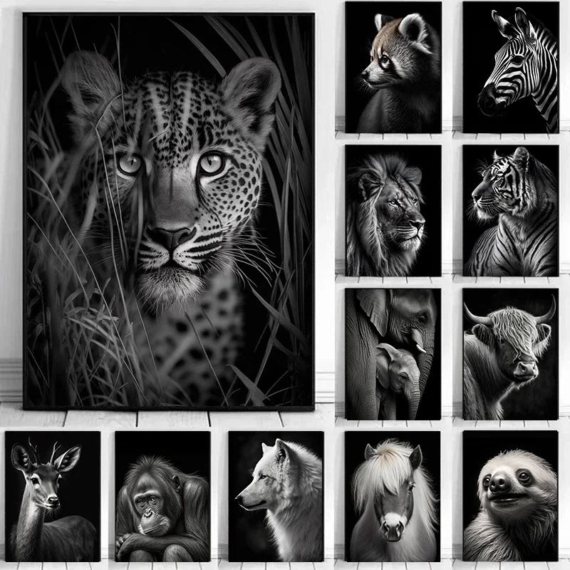 Black and White Wild Animals Poster Leopard Lion Tiger Print Canvas Wall Art Modern Painting Picture for Home Bedroom Decor