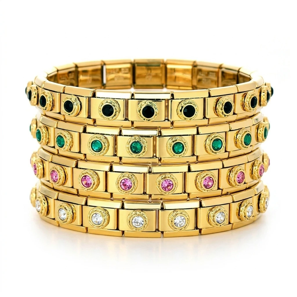 

Trendy Black Green Pink White Color Zircon Charms Italian Stainless Steel Bracelet Woman Men DIY Jewelry Set Watch Strap Chain