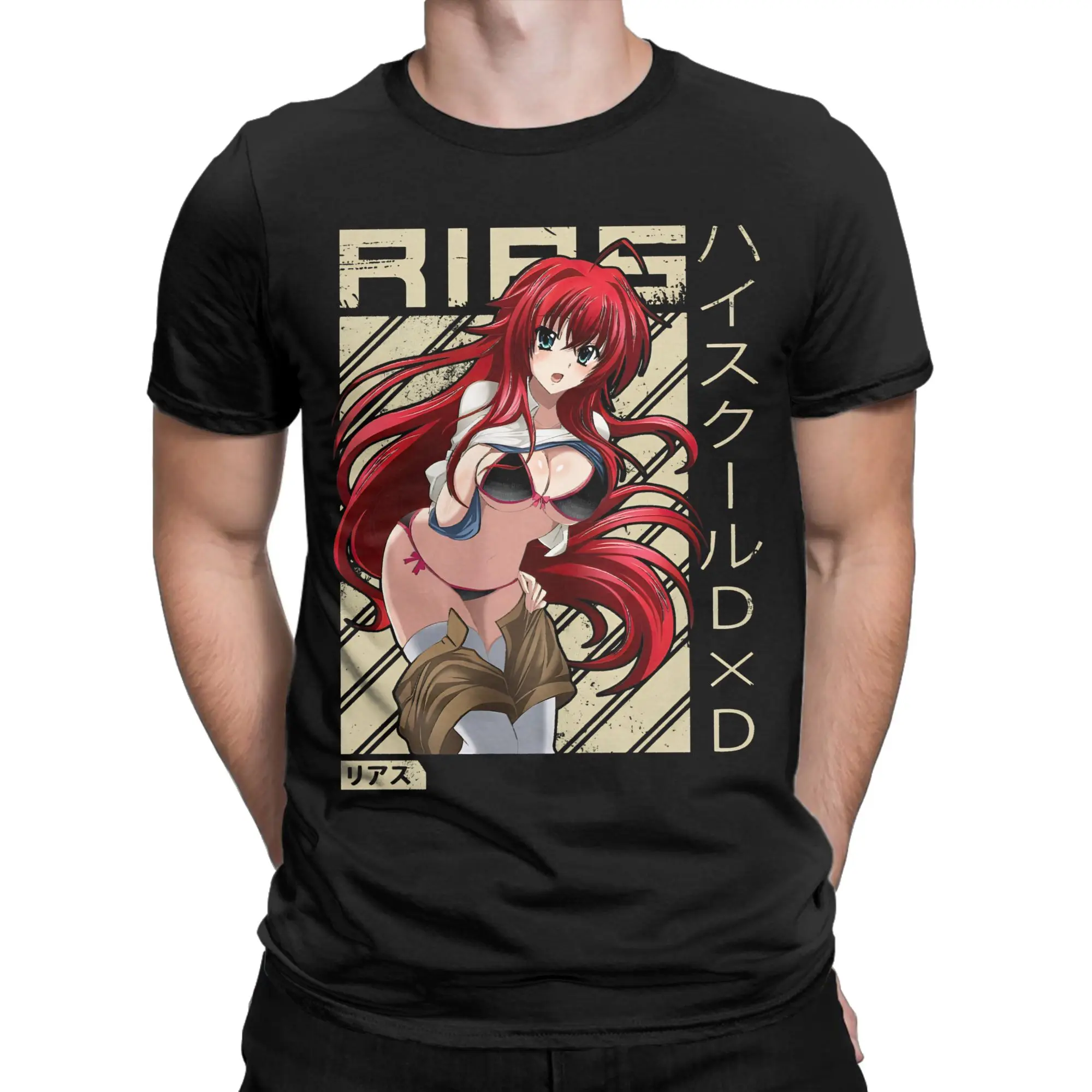 Rias Gremory T-Shirt Men's Cotton Tops Shirts Funny High School DxD Crewneck Short Sleeve
