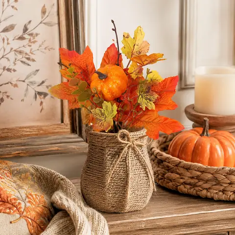 HOYVJOY 1pc Fall Pumpkin Floral Stem Maple Leaves Autumn Decorative Pick Thanksgiving Harvest Home Decoration(orange)