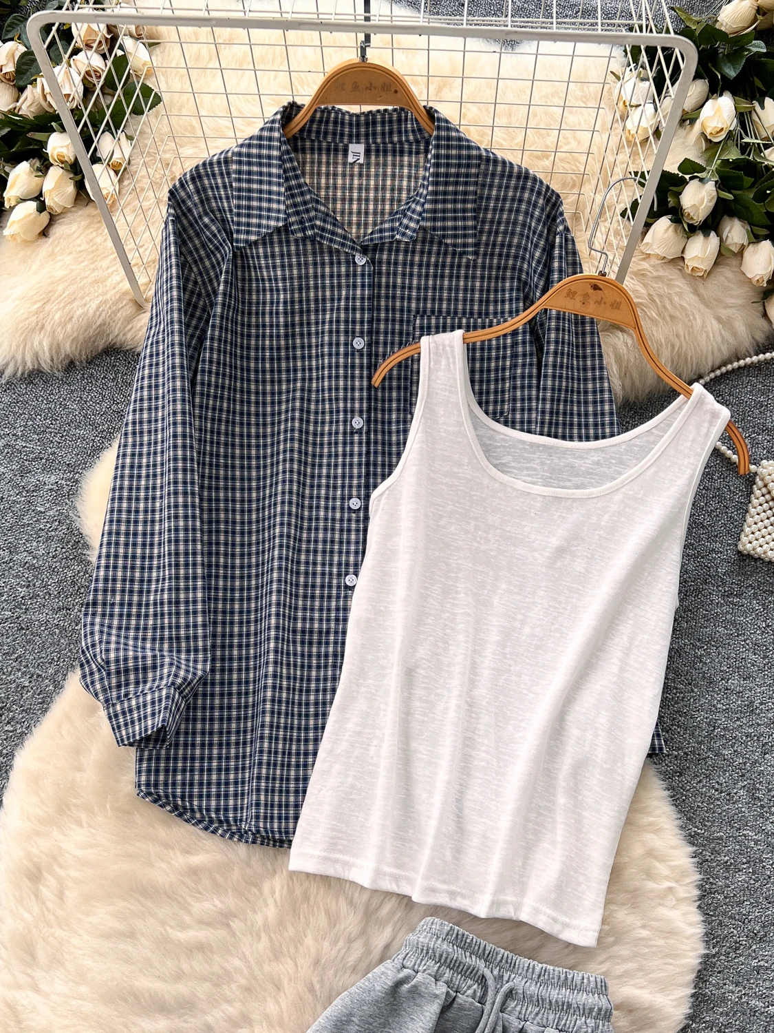 Conjunto de Csa de Manga Larga a Cuadros Estilo Coreano Informal y Ceco sin Mangas con Falda Midi de Cintura Alta, Conj...