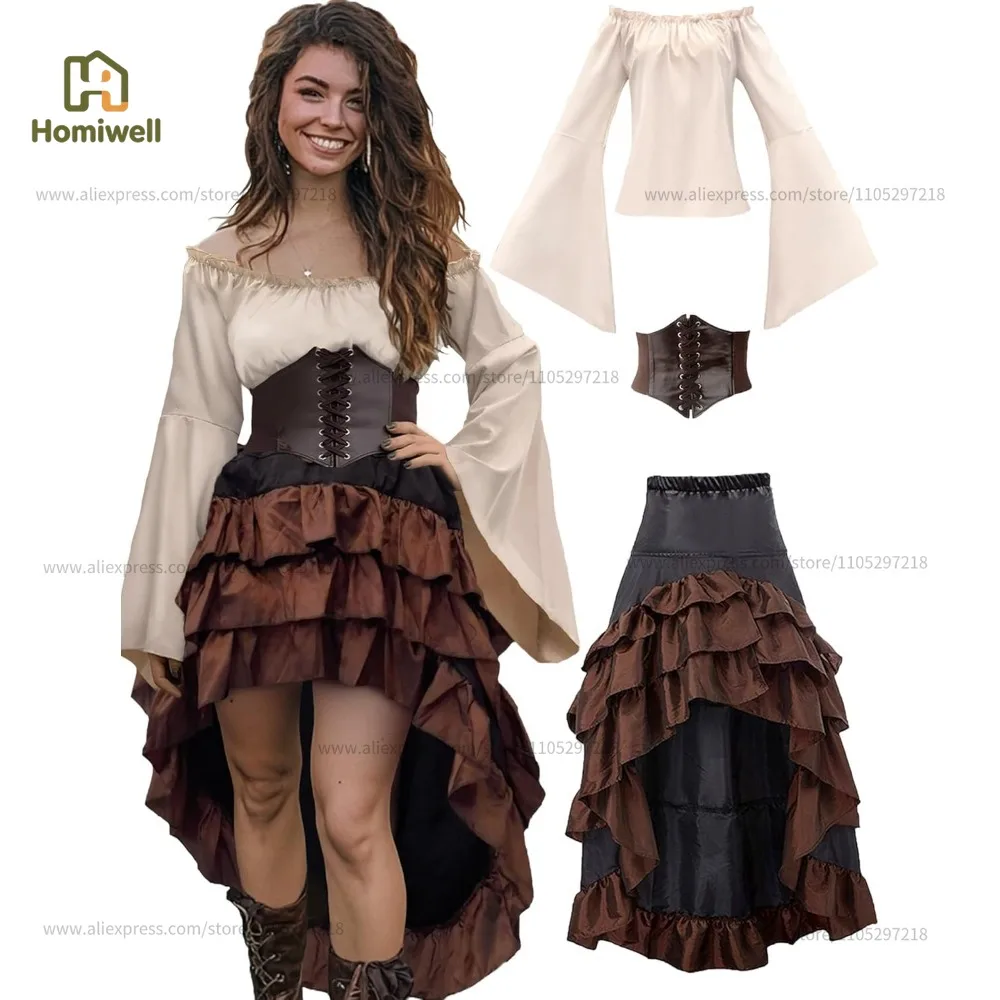 Renaissance-Piratenkostüm-Set für Damen mit Korsett, Hemd, Rock und Taillengürtel für Halloween-Party und Cosplay