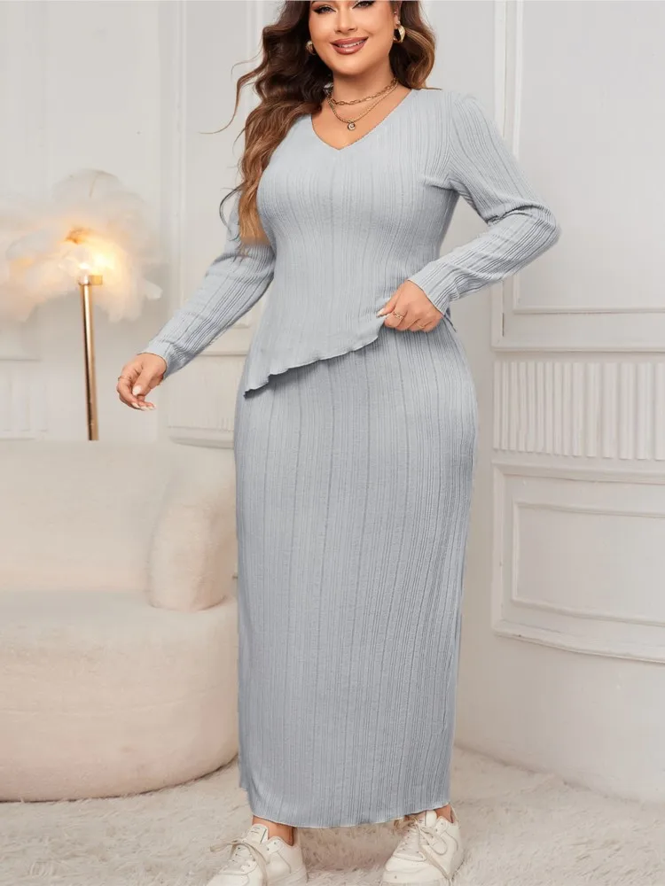 Knitted Plus Size Autumn Winter 2 Two Piece Set Women Irregular Fashion Bodycon Ladies Blouses High Waist Slim Woman Long Skirts