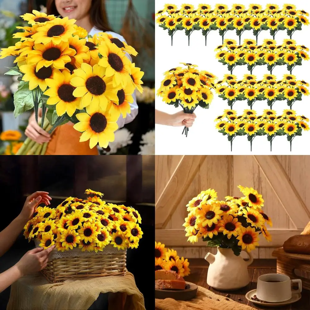 

24 искусственных желтых подсолнуха на стеблях для декора на открытом воздухе, устойчивые к УФ-излучению, для свадеб и украшения дома