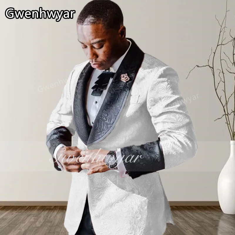 

Gwenhwyfar Men Wedding Suit Slim Fit White Jacquard Suits For Men Groom Tuxedo Jacket Pants Set Custom Made Men Suit Blazer