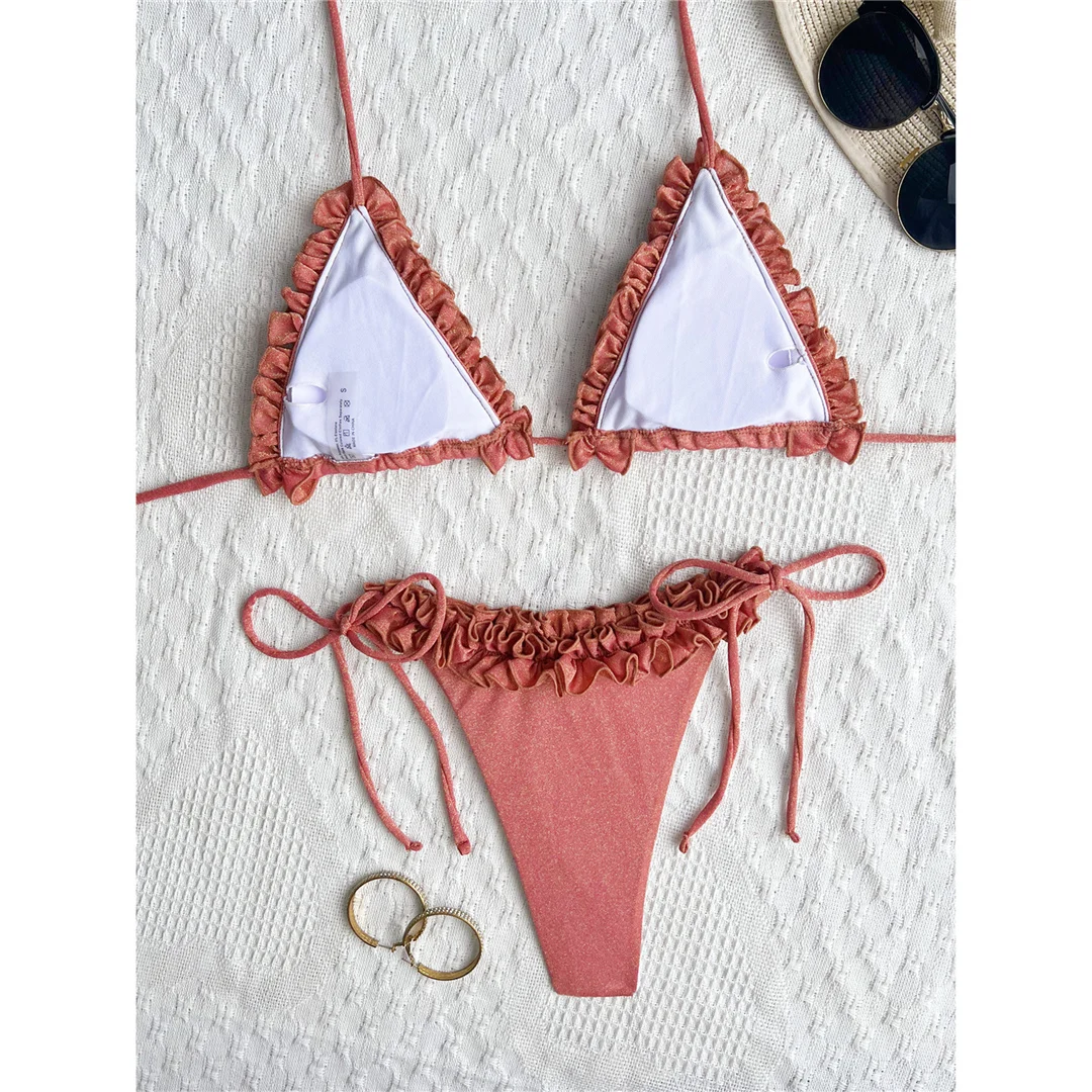 XS - L Glänzender, gerüschter Neckholder-Bikini mit Trägern, Damen-Badeanzug, zweiteiliges Bikini-Set, Badebekleidung, Badeanzug, Badebekleidung, Schwimmbekleidung V7061 – Detail 8