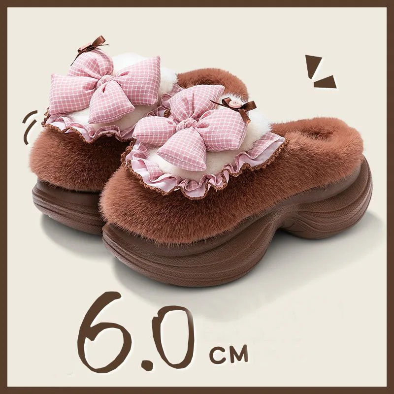 

New fluffy bow slippers womens winter high heel room clogs warm shoes woman furry mules home slippers thermal cozy indoor shoes