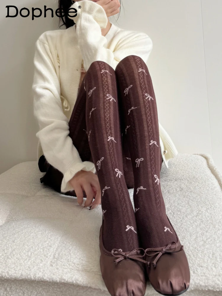 

Осень-зима, японские стильные жаккардовые колготки в вертикальную полоску с бантом, тонкие утягивающие универсальные базовые колготки для женщин