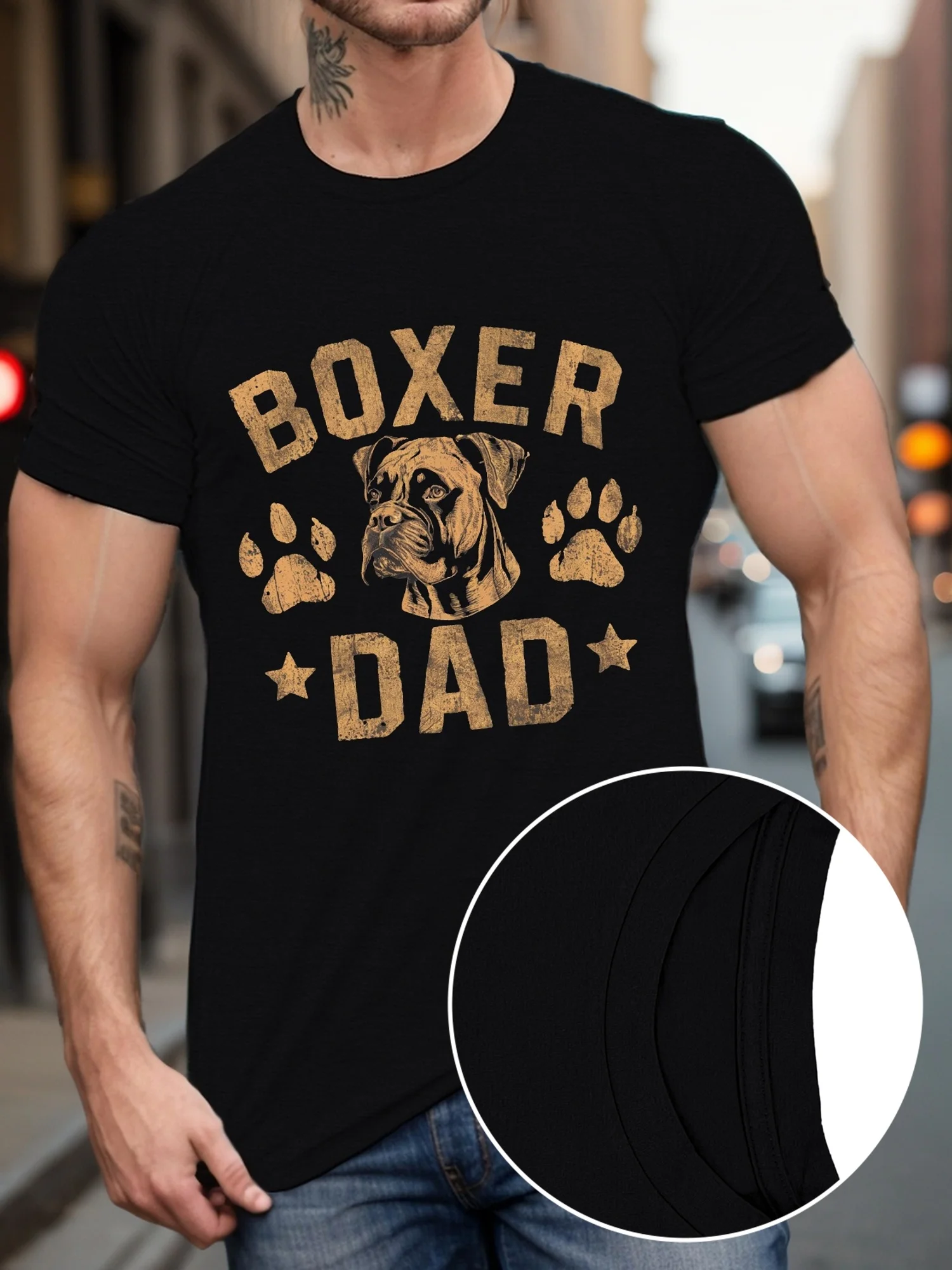 

Casual Short Sleeve T-Shirt - Geometric Boxer Dog Print Polyester Knit Fabric, Crew Neck, Regular Fit Tee for Men - Summer Style