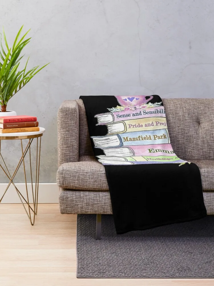 Jane Austen Book Stack Pride and Prejudice Literary Quotes Book Club Throw Blanket Plaid Soft Decorative Beds Blankets