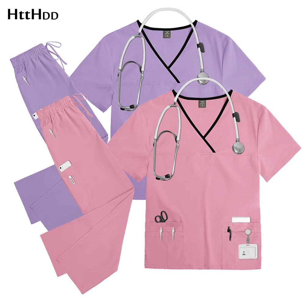 

Multicolour Nursing Uniforms Short Sleeve V-neck Tops Pants Sets Nurse Scrubs Women Medical Accessories Beauty Salon Spa Uniform