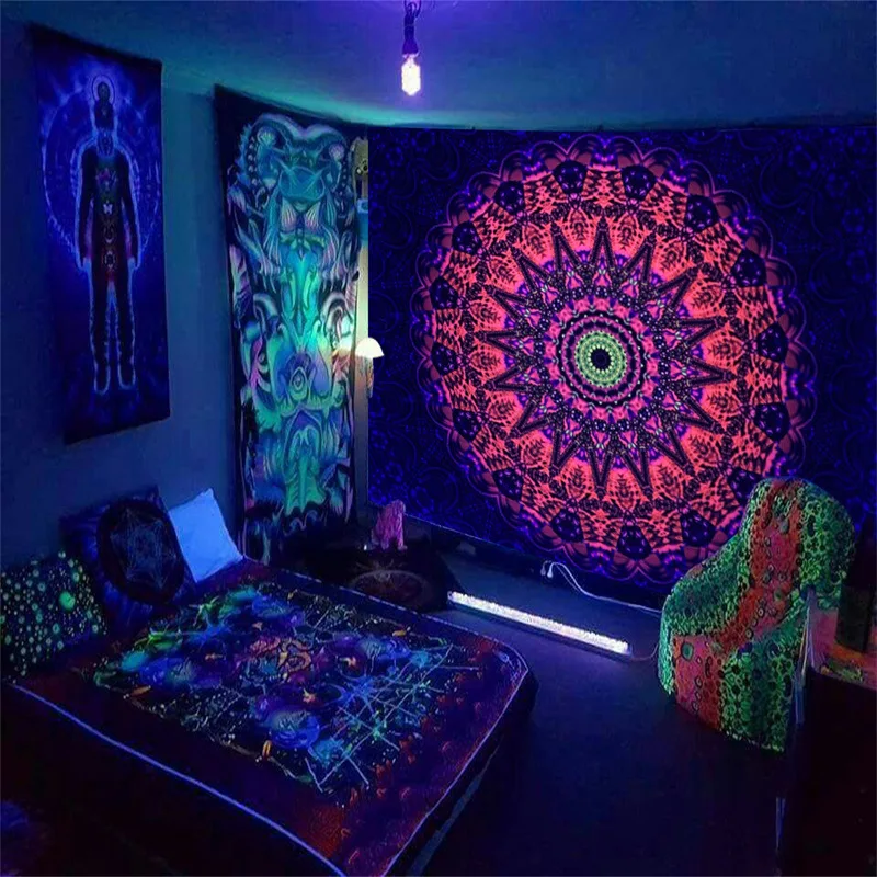 New Psychedelic Fluorescent Skull Background Decorative Tapestry Mandala Bohemian Sun Moon Luminous Hippie Tapestry Wall Hanging