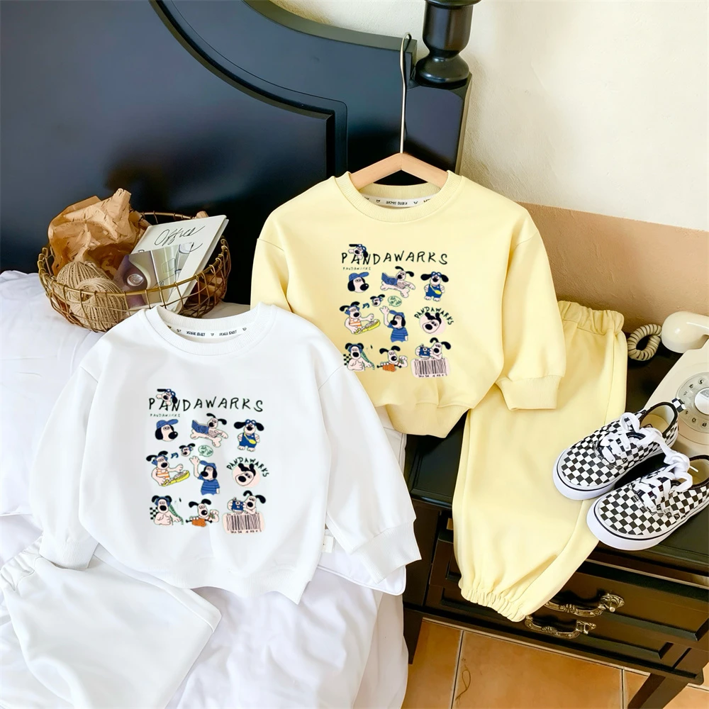 Süße Sweatshirts, einfarbige All-Match-Hosen, Cartoon-bedruckte Kapuzenpullover-Jogginghose, 1–6 Jahre altes Kind, trendige Langarm-Trainingsanzüge