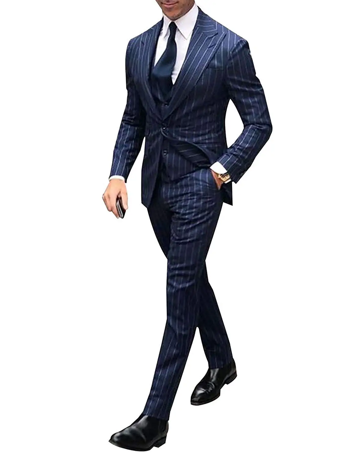 Men\'s One Button Pinstripe Suit Peaked Lapel Jacket Tux Vest Trousers Dress  Groom Business Tuxedos men suits wedding prom suits