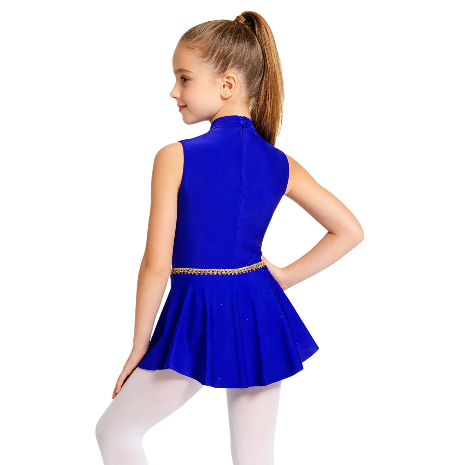 Kids Girls Circus Ringmaster Magician Costume Sleeveless Shiny Rhinestones Gold Trim Jumpsuit Ballet Dance Gymnastics Leotard