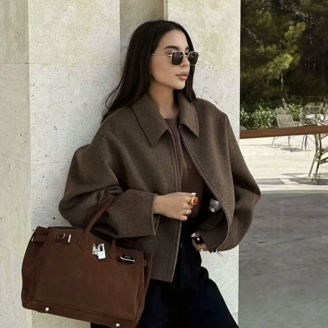 

New American Sle ort Jaet Pure Color Collar Retro Outerwear Women's Faion Spring Season Other Material Conent