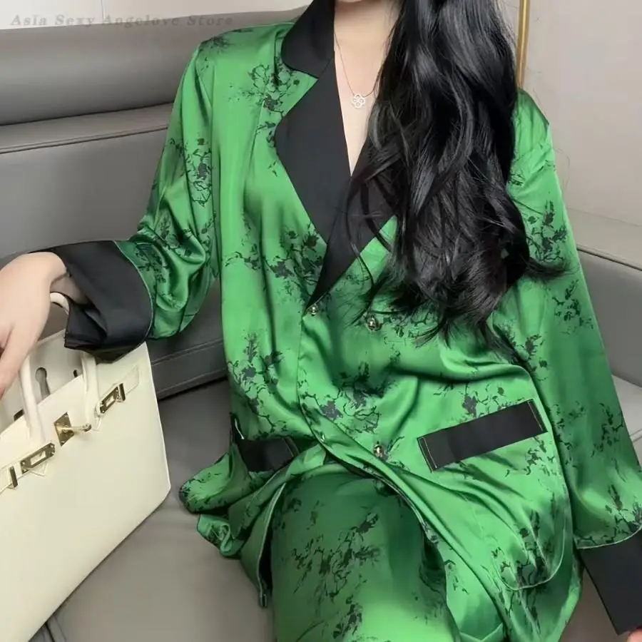 

Women Two-Piece Pajamas Luxury Elegant Homewear Sleepwear 2025 Spring Long Sleeve Shirt&trouser Loungewear Printed Pijamas Suit