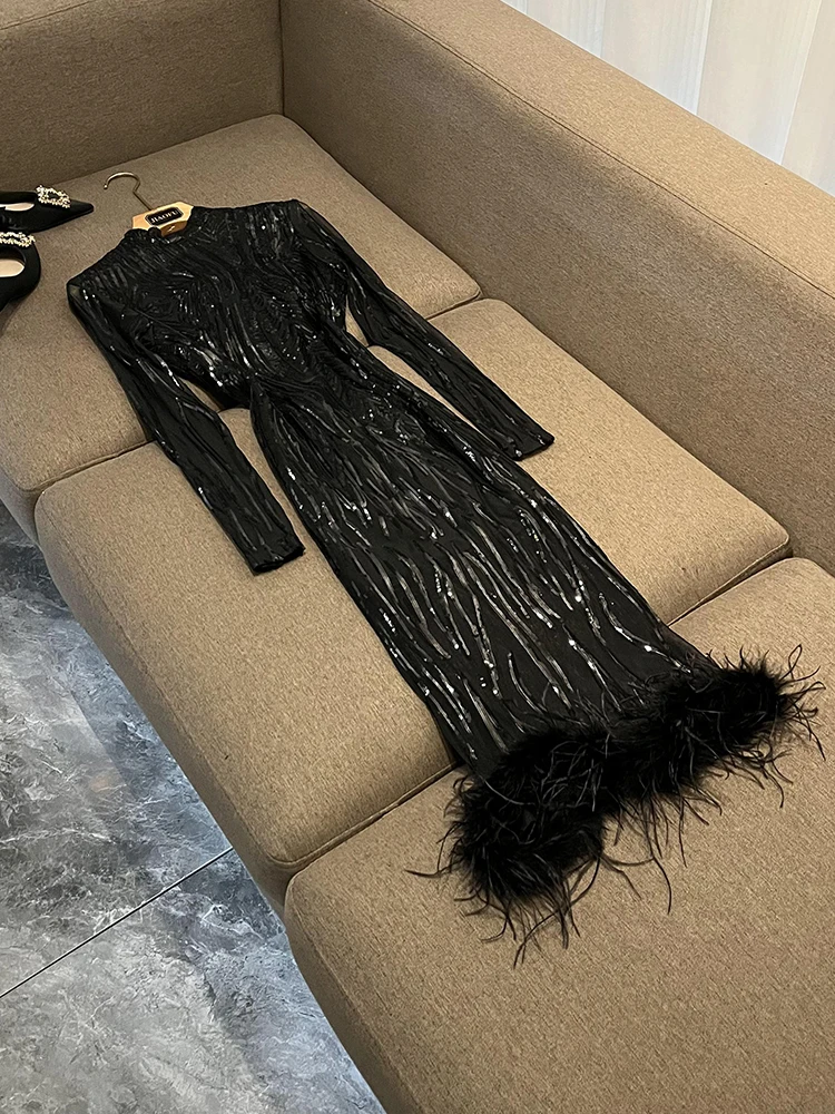 

Вечернее платье с настоящими перьями и пайетками, облегающее, приталенное, для вечеринок, европейский стиль, со средней талией, из сетчатого материала, для повседневной носки