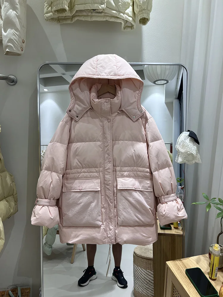Women's middle and long hooded down jacket winter 2025 new fashion design sense big pocket loose white duck down coat