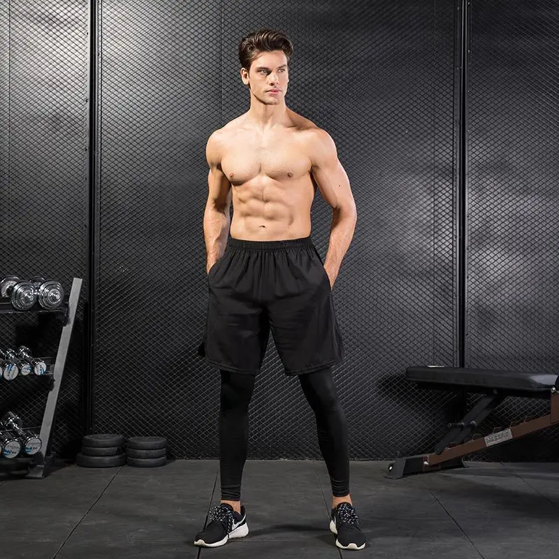 Men's Tight Pants Fake Two-piece Fitness Sports Running Training  Casual Elastic Quick-drying Pants