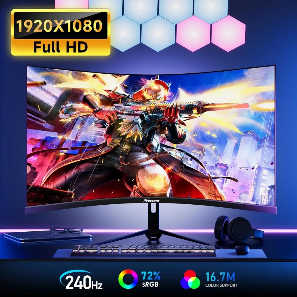 หน้าจอโค้งสำหรับเล่นเกม FVA ขนาด27นิ้วพร้อมไฟสีรุ้งอัตราการรีเฟรช240Hz จอแสดงผล1080P ใช้งานได้กับ FreeSync G-SYNC