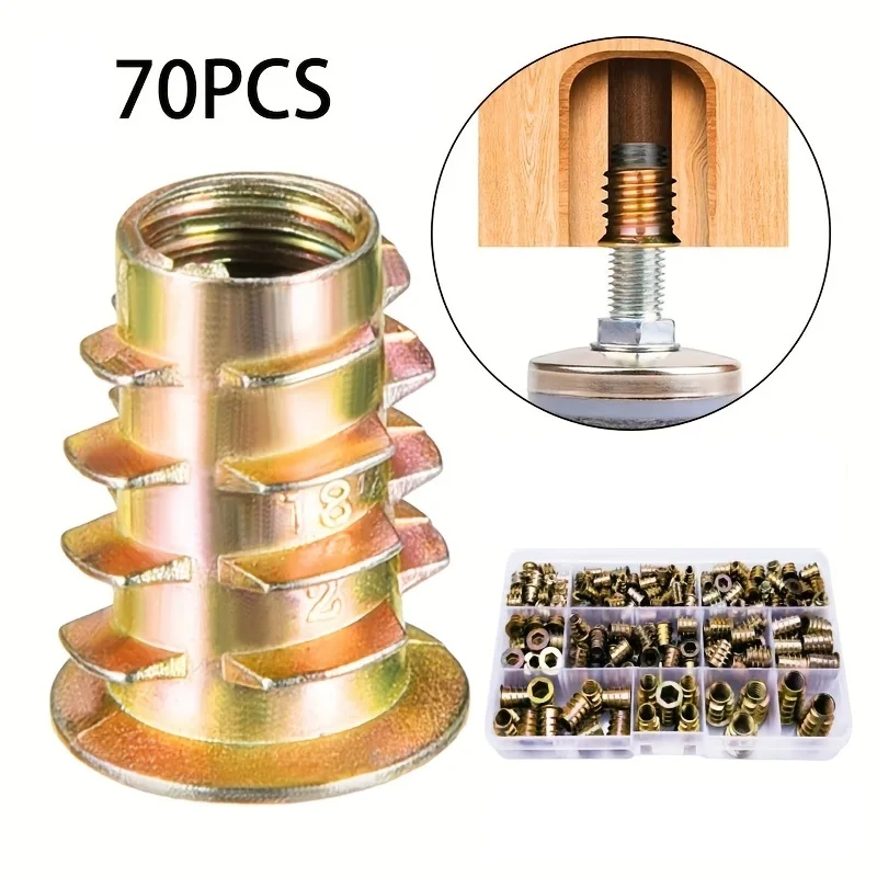 70pcs Wood Thread Insert Tool Kit, Furniture Bolt Nut Fastener Connector, Hex Socket Driver for Wooden Furniture Assortment