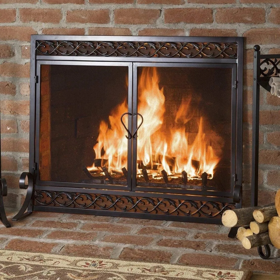 Image 7: Écran de cheminée en métal rétro en fer forgé transfrontalier, chauffage de salon avec double porte en maille