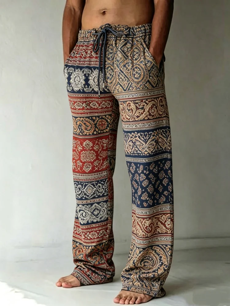 Mens Elastic Drawstring Waist All Over Vintage Paisley Printed Wide Straight Floor Drag Loose Daily Vacation Casual Pants