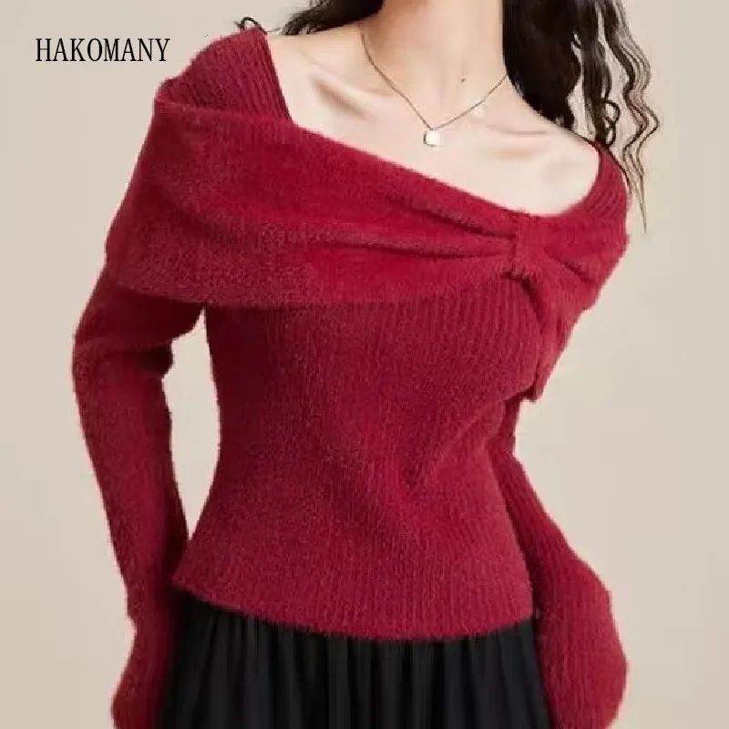 2023 Autumn Bow Slash Shoulder Knitted Shaggy Pullovers Hairy Sweater Full Sleeve Skinny Knitwear Jumper