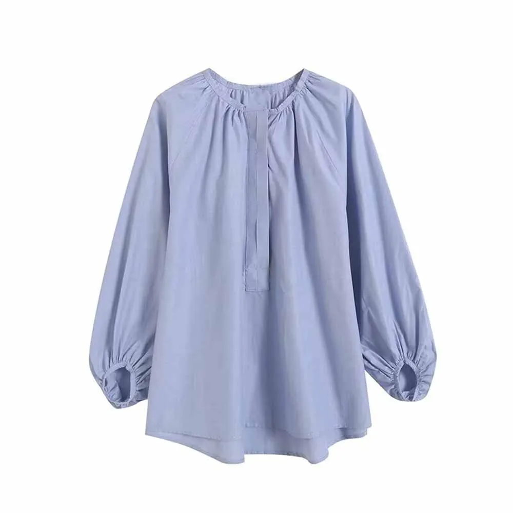

Women's new fashion buckle decoration loose O Neck casual pleated shirt retro bubble long sleeved women's shirt chic top Skazi