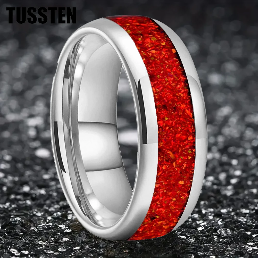 Dropshipping TUSSTEN 6/8MM Wedding Ring with Dome Polishing Center Red Opal Stone Inlay Comfortable Fit