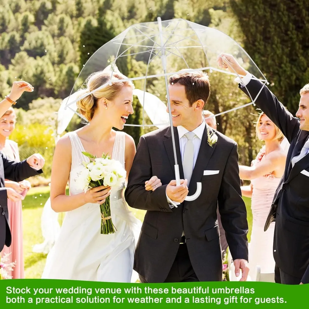 Ombrelli da matrimonio trasparenti sfusi con manici per bastoncini, bomboniere per ospiti, biglietti di ringraziamento e corda: ideali per matrimoni e regali all'aperto