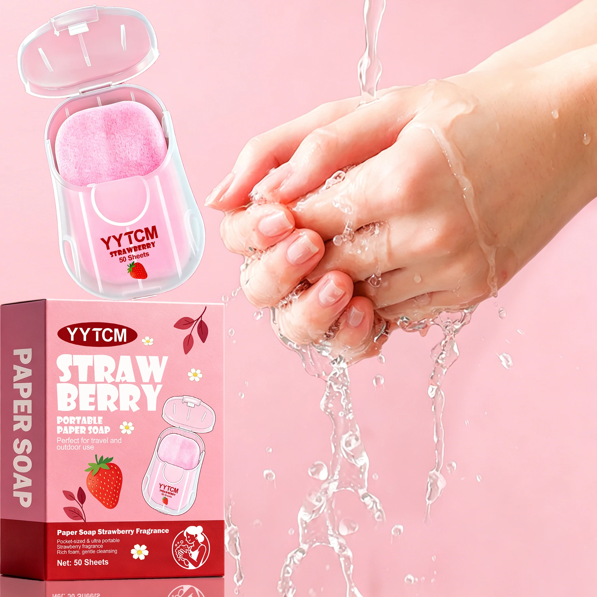 Yytcm Strawberry Portable Paper Soap 50 Pieces with Portable Storage Box Disposable Hand Soap Sheets Travel Outdoor Mini Soap