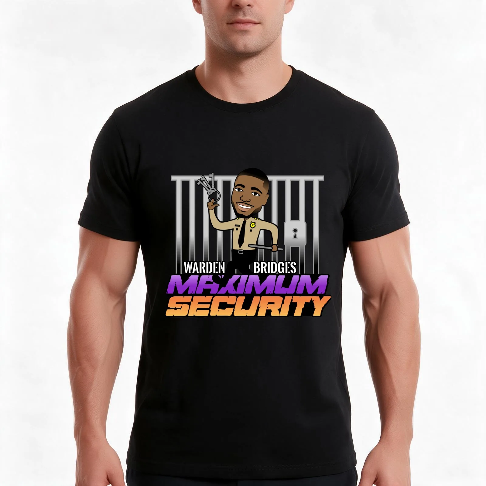 Warden Bridges MAXIMUM SECURITY T-Shirt, Summer Casual Cotton Tee, Oversized Streetwear Tops, Vintage Graphic Print, 100% Cotton