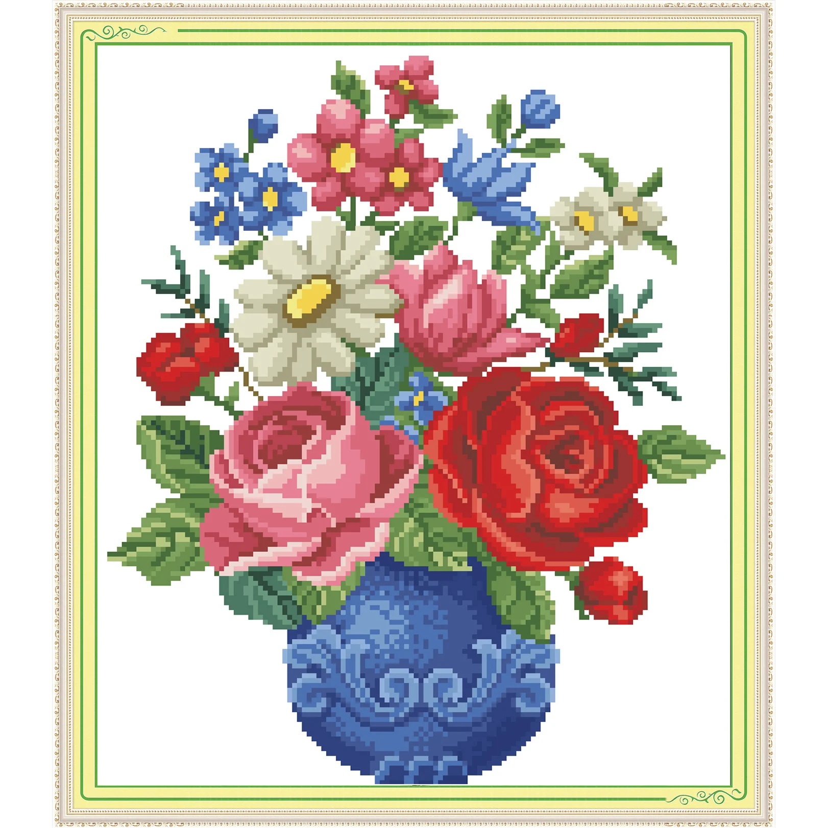 Blue Bottle And Rose, Cross Stitch Kit, DIY Printed Embroidery Small Painting, Simple Embroidery Suitable For Novice Needlework