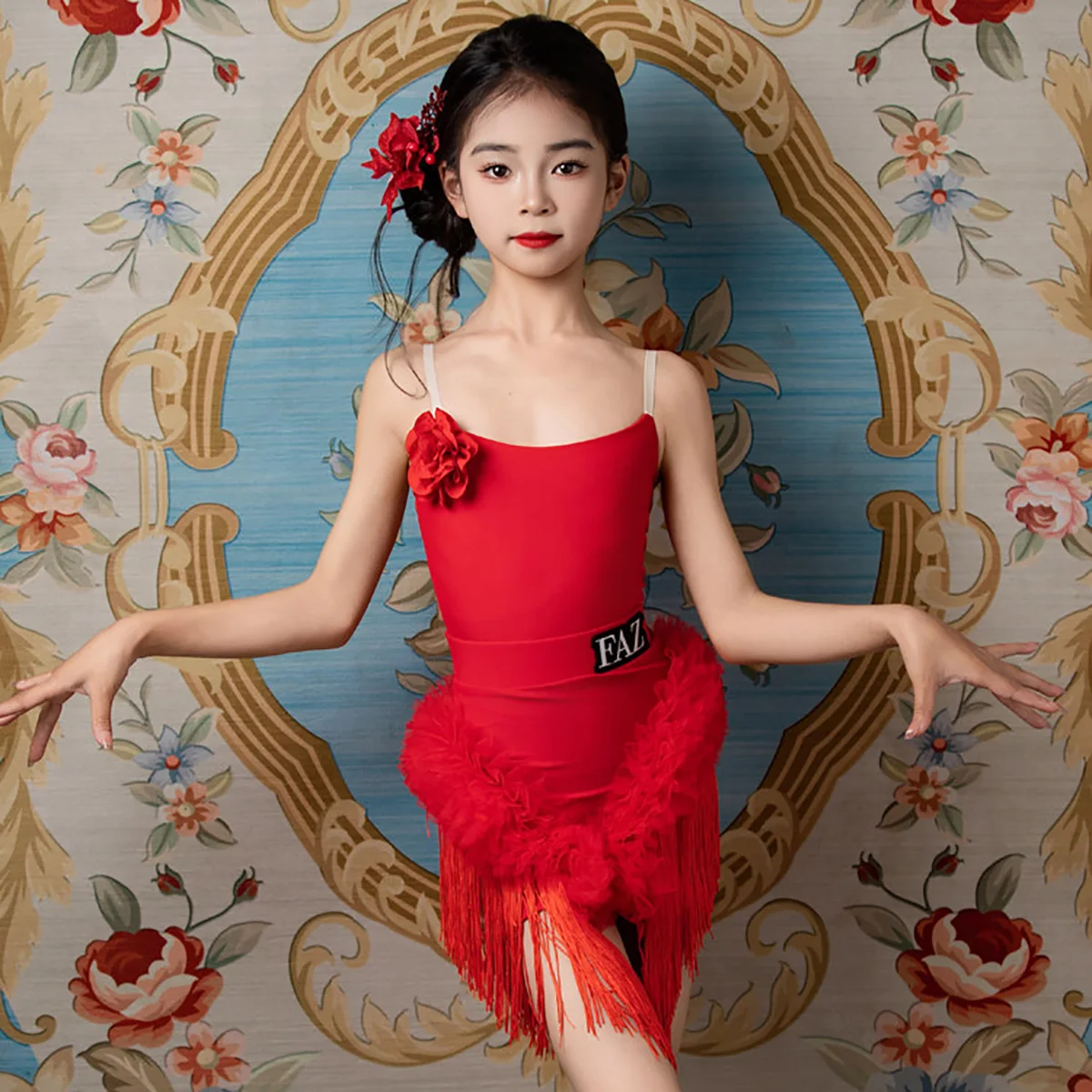 

Girls Latin Dancewear Practice Strape Bodysuit and Chiffon Tassel Skirts Rumba Competition Costume Standard Ballroom Dancewear