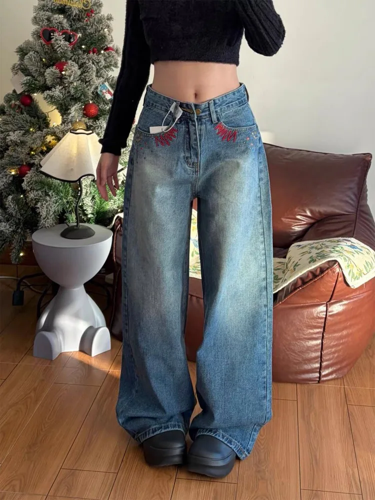 Women's Red Pocket Embroidery Jeans Spring Pants Young Girl Bottoms Wide Leg Trousers Female High Waisted Baggy Sweatpants