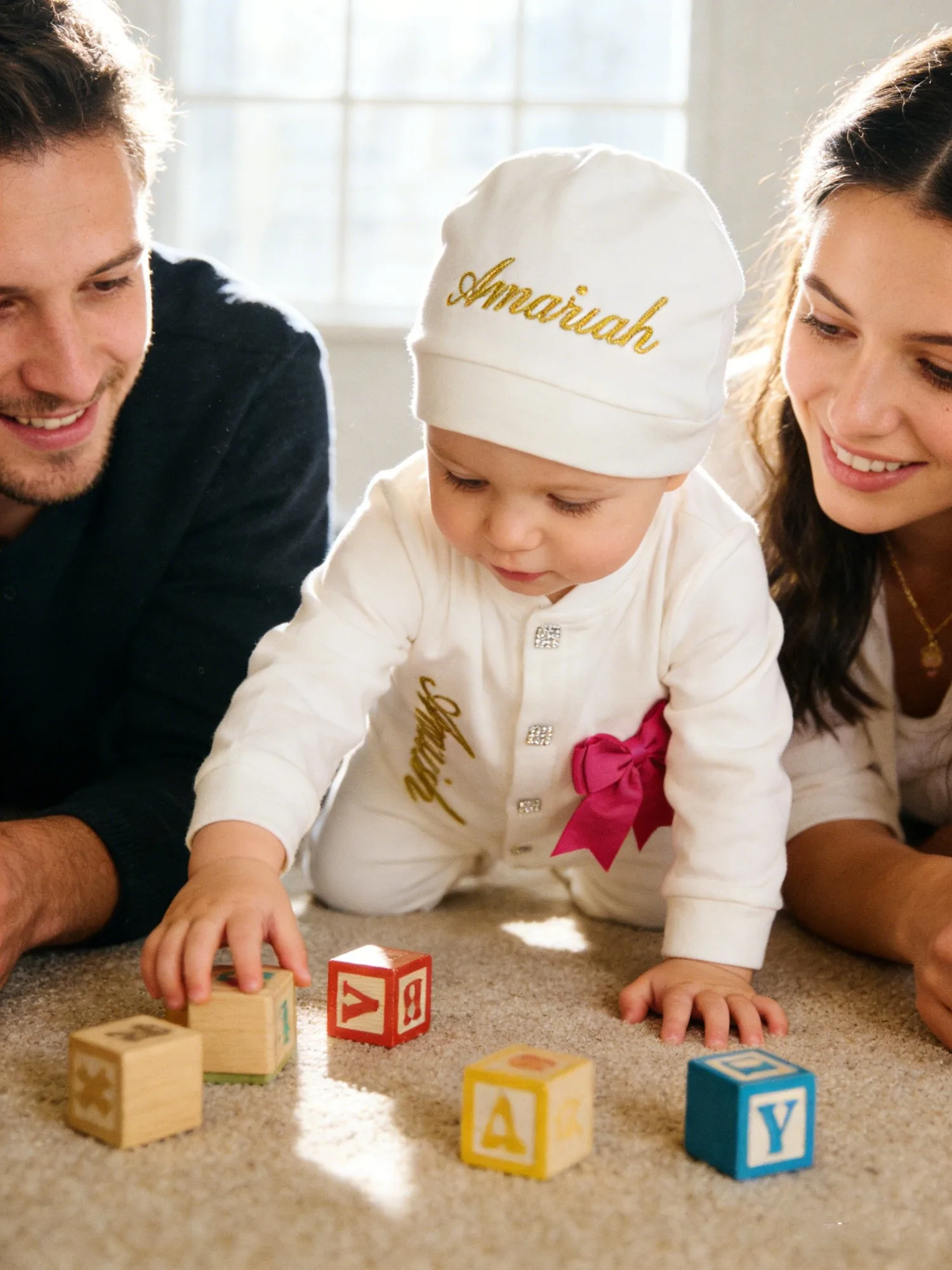 Baby Girl Pink Bow Set - Onesie Hat with Gold Glitter Name & Rhinestone